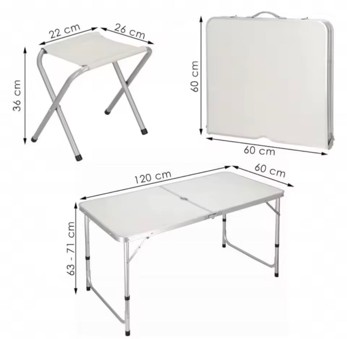Mesa plegable aluminio con 4 taburetes Plegables